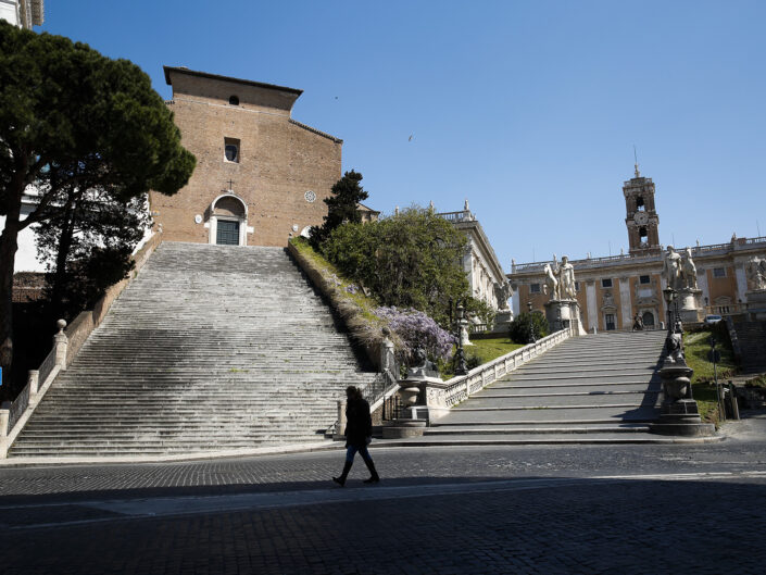 Le scalinate dell'Ara Coeli e del Campidoglio deserte a causa del Coronavirus (Covid-19), Roma 7 Aprile 2020.